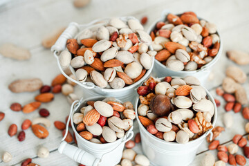 Assorted nuts for a background
Almond, walnut,cashew, pistachios, hazelnuts, peanuts, Macadamia
Collection of different varieties of nuts. Composition with dried fruits
Healthy food. Organic.
