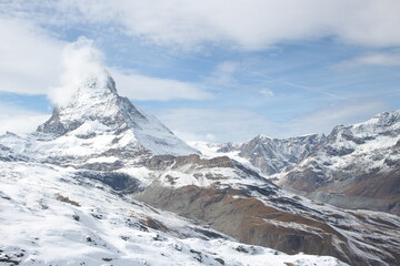 Naklejka premium Beautiful and pure famous Matterhorn covers of white snow, looking from Rotenboden and Riffelberg, Zermatt, Switzerland, Europe