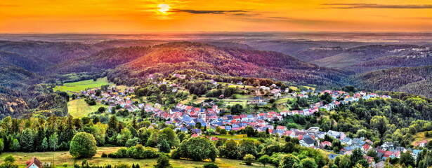 Sunset view of Dabo, a village in the Vosges Mountains - Moselle, France - obrazy, fototapety, plakaty