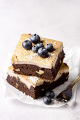 Pieces of Homemade Chocolate Brownies Decorated with Ripe Blueberry on Gray Background Tasty Chocolate Dessert Vertical
