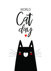 Vector card with a black cat. World Cat Day. Poster, postcard.
