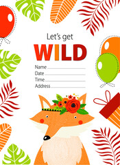 Vector card with a fox. Birthday Invitation. Poster, postcard, baby show.
