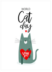 Vector card with a gray cat. World Cat Day. Poster, postcard.
