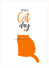 Vector card with a red cat. World Cat Day. Poster, postcard.
