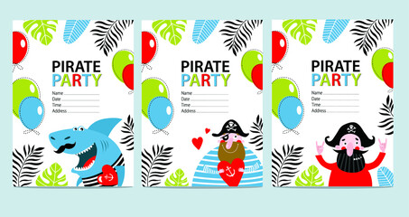 Vector sets of bright cards with pirates and shark. Invitation to the Birthday. Poster, postcard, invitation. Baby shower. pirate Party
