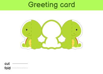 Cute turtle fold-a-long greeting card template. Great for birthdays, baby showers, themed parties. Printable color scheme. Print, cut out, fold, glue. Colorful vector stock illustration.