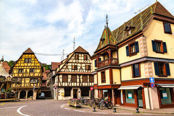 Fototapeta na wymiar Traditional half-timbered houses in Obernai - Bas-Rhin, France