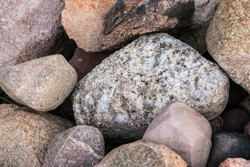 Natural stones with plants around. The texture of the stones of different sizes and colours on the grass. Stone background. 