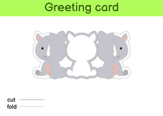 Obraz premium Cute rhino fold-a-long greeting card template. Great for birthdays, baby showers, themed parties. Printable color scheme. Print, cut out, fold, glue. Colorful vector stock illustration.