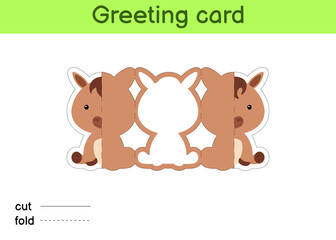 Cute horse fold-a-long greeting card template. Great for birthdays, baby showers, themed parties. Printable color scheme. Print, cut out, fold, glue. Colorful vector stock illustration.