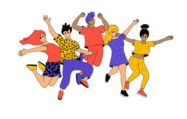 A group of friends and colleagues jumping into the air with happiness. Successful and healthy people characters vector illustration