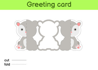 Cute opossum fold-a-long greeting card template. Great for birthdays, baby showers, themed parties. Printable color scheme. Print, cut out, fold, glue. Colorful vector stock illustration.