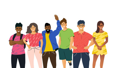Obraz premium A group of multicultural people. Young team of students or creative business work colleagues. People vector illustration.