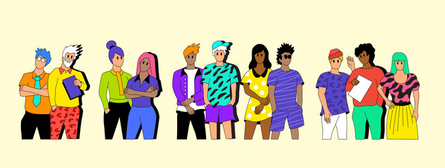 A group of multicultural people. Students, friends and colleagues standing together in casual dress. Colorful vector characters.