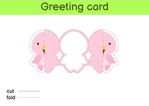 Cute flamingo fold-a-long greeting card template. Great for birthdays, baby showers, themed parties. Printable color scheme. Print, cut out, fold, glue. Colorful vector stock illustration.