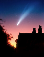 Comet Neowise and its gas and dust tails in the night sky after sunset. Photo composite.