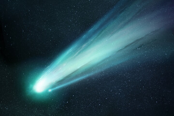 Comet Neowise passing the sun and releasing gases creating a tail and coma. Illustration. - obrazy, fototapety, plakaty