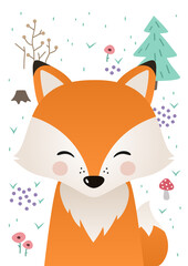 Cute fox. Woodland forest animal. Poster for baby room. Childish print for nursery. Design can be used for fashion t-shirt, greeting card, baby shower...Vector illustration.