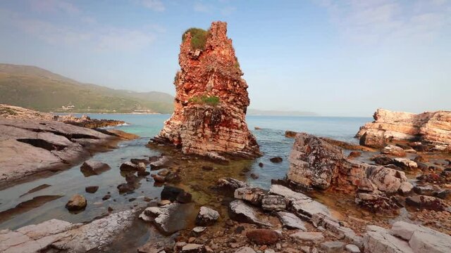 Breathtaking spring view of Kanoni Beach. Colorful morning seascape of Ionian Sea. Great outdoor scene of Kassiopi village and resort, Corfu island, Greece, Europe. Full HD video (High Definition).