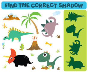 Find the correct shadow: Adorable dinosaurs isolated on white background