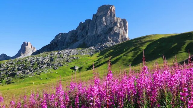 Great morning view of peak Ra Gusela, Averau - Nuvolau group from Passo di Giau. Sunny summer scene of Dolomiti Alps, Italy, Europe. Full HD video (High Definition).
