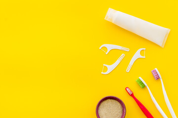 Oral care and hygiene layout of dental tools. Top view, flat lay