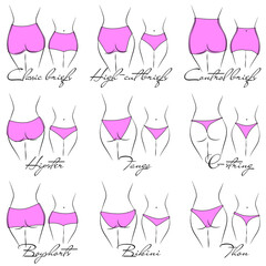 Illustration of the design and variety of women's panties. Hand-drawn lingerie models. Panties are classified into various styles based on criteria.