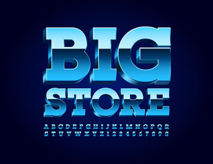 Vector business logo Big Store. Modern Reflective Font. Blue Metal 3D Alphabet Letters and Numbers