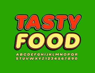 Vector bright emblem Tasty Food. Comic Yellow and Red Font. Decorative Alphabet Letters and Numbers