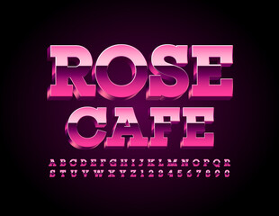 Vector elegant logo Rose Cafe. Pink modern Font. Metallic Business style Alphabet Letters and Numbers