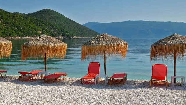 Morning view of Antisamos Beach. Captivating spring seascape of Ionian Sea. Romantic outdoor scene of Kefalonia island, Sami town location, Greece, Europe. Full HD video (High Definition).