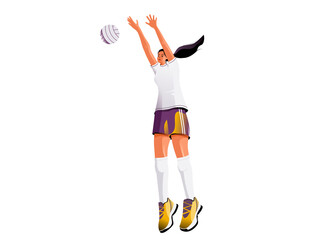 Fototapeta na wymiar Beautiful female volleyball player isolated on a white background illustration. Blocking the ball.