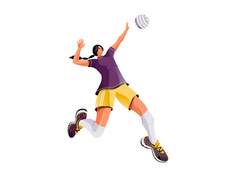 Beautiful  female  volleyball player serve the ball. Isolated on a white background illustration.