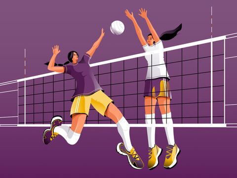 Female volleyball players. Isolated on a white background illustration.