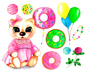 Baby party set with watercolor illustrations:Teddy bear in pink dress with colored baloons,donuts,beads on a string,balls and clover.On white background,for children's cards, textile,stickers,prints.