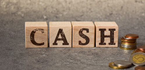 inscription cash on wooden cubes on a gray background