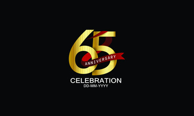 65 year anniversary red ribbon celebration logotype. anniversary logo with Red text and Spark light gold color isolated on black background, design for celebration, invitation - vector