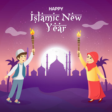Happy islamic new year  vector illustration. Cute cartoon muslim kids holding torch celebrating islamic new year with moon, stars and mosque as background.