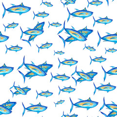 Tuna. Pattern. Commercial fish species. Colored watercolor patterns. Marine life, fishing, oceanology. Isolated template for textiles, packaging.