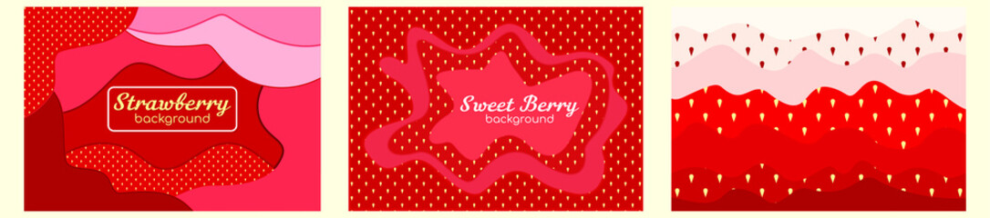 Strawberry background, pattern, vector. Copy space for text. Concept for label, postcard, notebook, design. Fashion print. Design elements for textiles or clothes. Hand drawn doodle cute wallpaper.