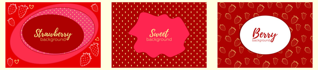 Strawberry background, pattern, vector. Copy space for text. Concept for label, postcard, notebook, design. Fashion print. Design elements for textiles or clothes. Hand drawn doodle cute wallpaper.