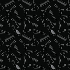 Black seamless pattern with white silhouettes of hairdressing items, flat vector