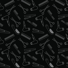 Black seamless pattern with white silhouettes of hairdressing items, flat vector