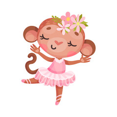Cute Monkey in Ballerina Dress and Floral Head Decoration Dancing Vector Illustration
