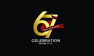 67 year anniversary red ribbon celebration logotype. anniversary logo with Red text and Spark light gold color isolated on black background, design for celebration, invitation - vector