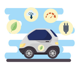 environmentally friendly concept, electric car, with benefit icons of car eco friendly