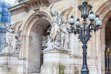 Sculptures on the facade of the Opera Garnier in Paris 
