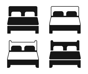 Bed with Headboard Icons Set. Black / White