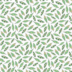 Naklejka premium Hand drawn seamless pattern vector of colorful leaves. Falling leaves isolated on white. Foliar doodle illustration for design card, invitation, wallpaper, wrapping paper, fabric, textile, packaging