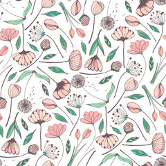 Hand drawn seamless pattern vector of different flowers, wildflowers, leaves. Spring colored floral doodle illustration for design cards, invitations, wallpaper, wrapping paper, fabric, packaging